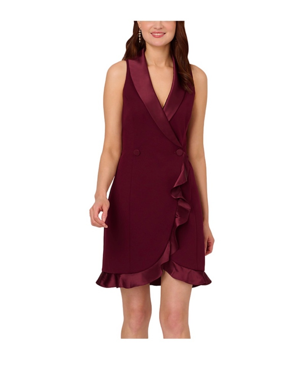 Adrianna Papell Burgundy Sleeveless V-Neck Ruffle-Trim Mini Dress